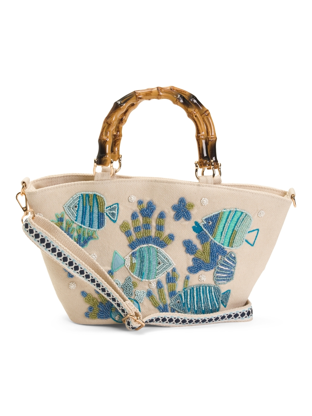 Beaded Fish Embroidered Canvas Shoulder Bag with Bamboo Handles - Cream/Blue